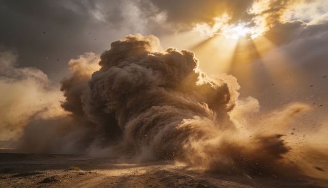 Rising sand plume over desert road with dramatic sunbeams and backlit debris
