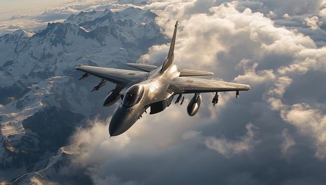 Soaring jet above snowy peaks and clouds at dusk
