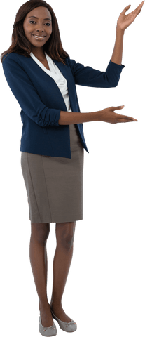 Transparent businesswoman gesturing corporate presentation pointing