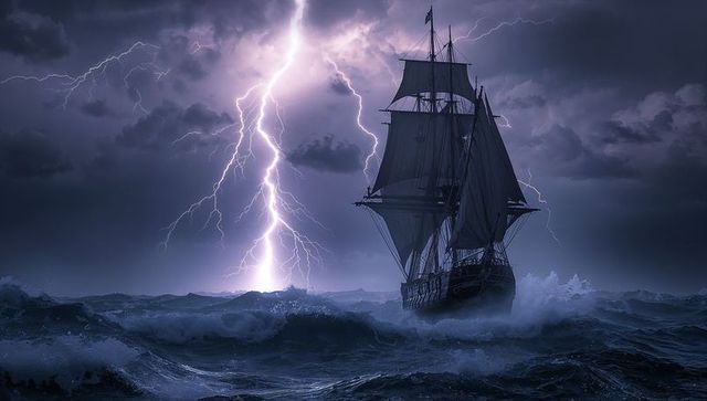 Sailing ship battling stormy seas with striking lightning