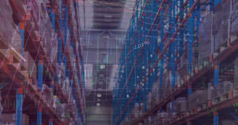 Digital Financial Data Overlaid on Empty Warehouse