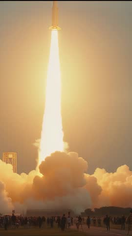 Vertical Rocket Launch Lifting Off with Blazing Plume and Spectator Silhouettes Filming