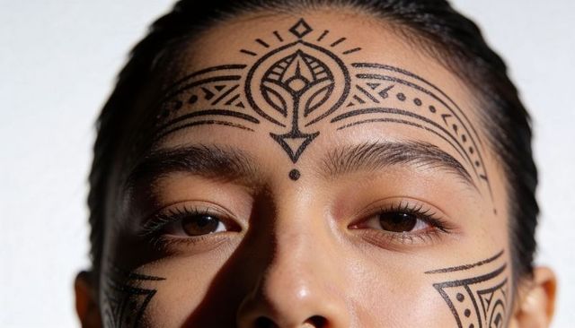 Close-up asian woman wearing black geometric face markings, henna-inspired tribal mandala, dramatic