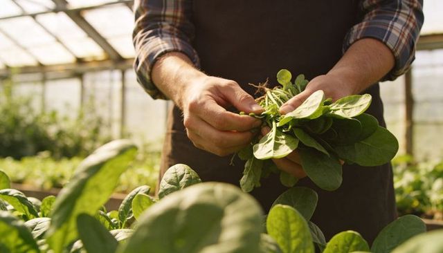Sunlit greenhouse gardener harvesting fresh spinach bunch with roots wearing plaid shirt