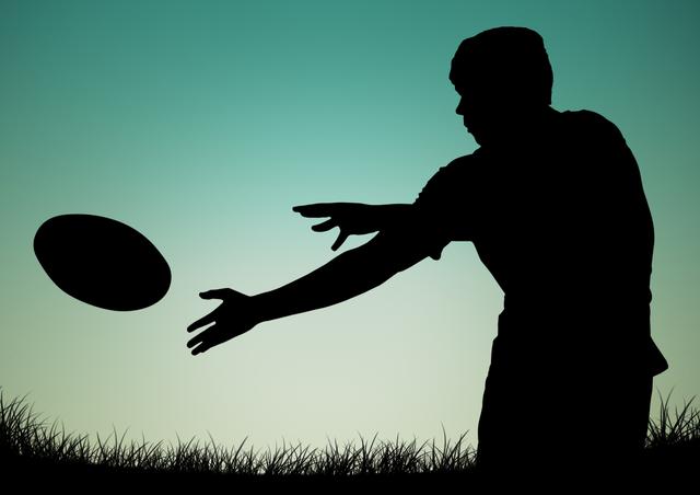 A silhouette of a player catching a ball against a gradient dusk sky. Useful for sport-themed designs, athletic event promotions, fitness-related content, or outdoor recreation advertisements.
