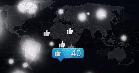Global social media interaction with rising likes over map