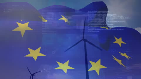 European Union Flag with Wind Turbines and Digital Data