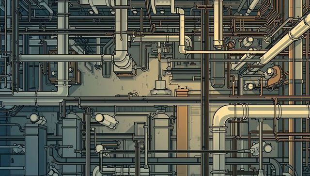 Intricate piping network isometric blueprint depicting dense steel pipes and valves