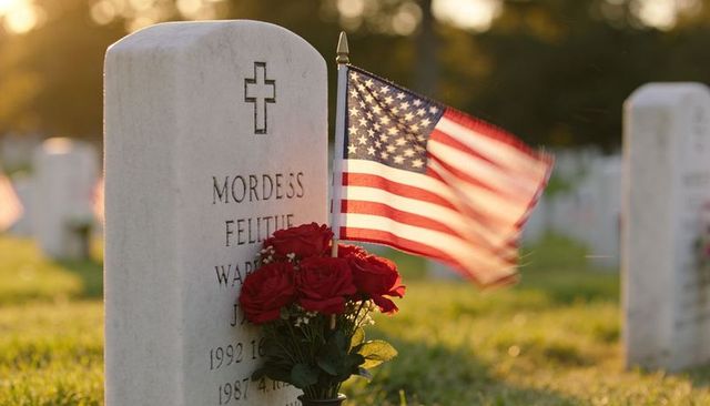 Sunlit military headstone honoring fallen veteran with american flag and red roses