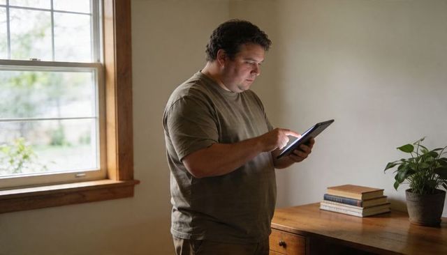 Man using tablet by window in minimalist home, holding lit device, desk with books and plant