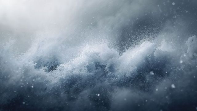 Crashing ocean waves producing white foam and spray under heavy cloud cover