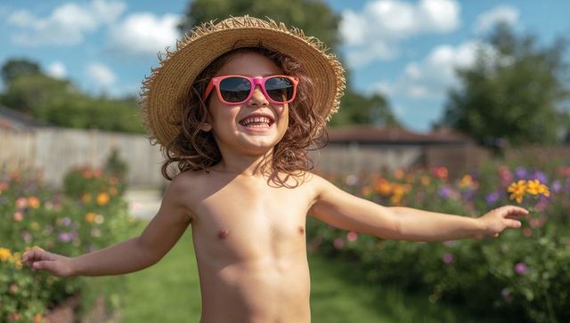 Carefree smiling child wearing straw hat and pink sunglasses playing in backyard flower garden