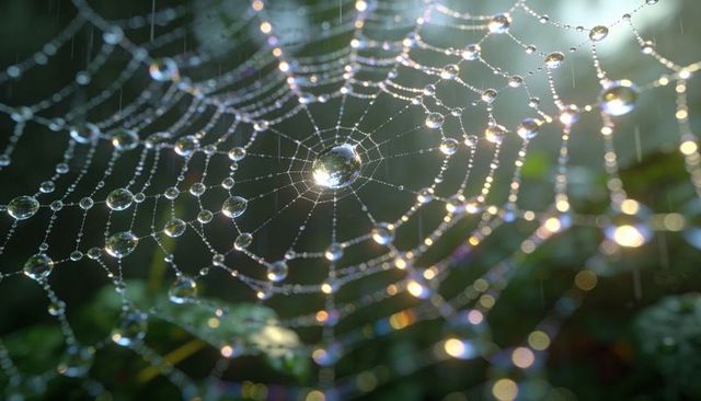 Glistening Dew-Covered Spider Web Reflecting Morning Sun with Central Droplet and Bokeh