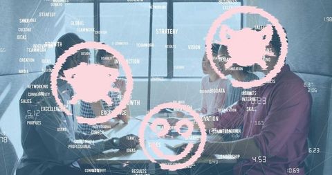 Business team collaborating around conference table with data overlay and pink hud icons
