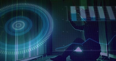 Crouching technician inspecting server cabinets with holographic overlays