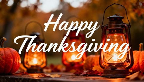 Rustic Autumn Lanterns and Pumpkins with Happy Thanksgiving Greeting