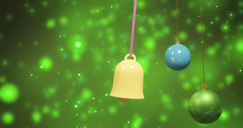 Festive Christmas Ornaments on Sparkling Green Background