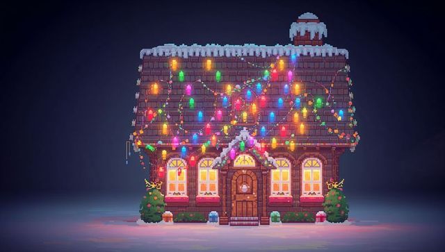 Pixel-art cottage glowing and twinkling with multicolored holiday lights on snowy night