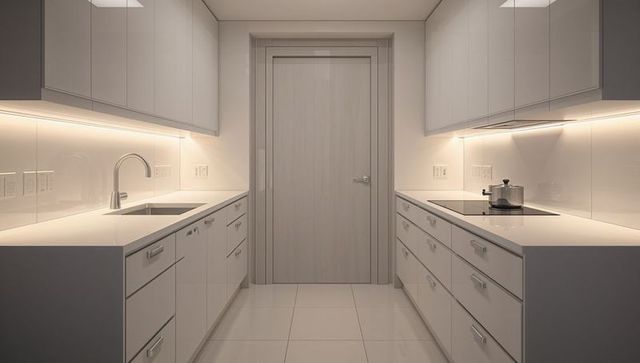 Minimalist modern galley kitchen with centered wood-veneer door and neutral compact design