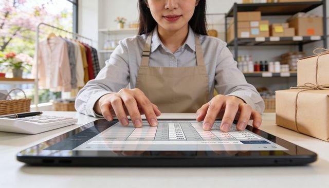 Entering inventory on tablet, small business owner updating stock and packing orders now