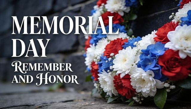 Memorial day patriotic floral wreath on stone path with red white blue flowers remembrance tribute