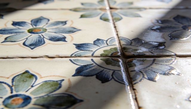 Showing glazed ceramic tiles with teal floral pattern, patina grout and diagonal shadow