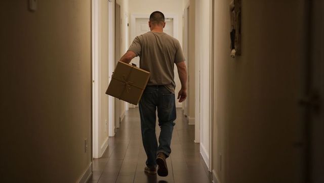 Man walking down hallway carrying wrapped parcel in minimalist home corridor soft evening