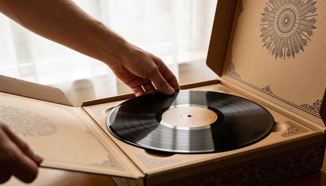 Placing glossy vinyl record into ornate mandala cardboard sleeve on wooden table