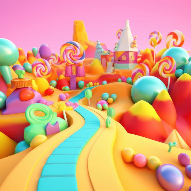 This colorful 3D illustration features a fantasy candy land with vibrant candies and a whimsical candy house under a pink sky. Ideal for children's book illustrations, fantasy genre covers, playful game designs, and creative children’s room decor.