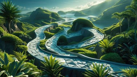 Lush coastal hillside with curving stone walkway stands out against serene natural backdrop. Ideal for illustrating concepts of journey, exploration, and tranquility. Suitable for travel blogs, adventure tourism promos, meditation retreat brochures, or environmental conservation themes. Designs that focus on nature's beauty and serenity will benefit from this uplifting and serene visual.