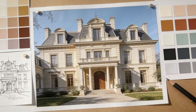 Displaying neoclassical mansion rendering on design board with color swatches and sketch