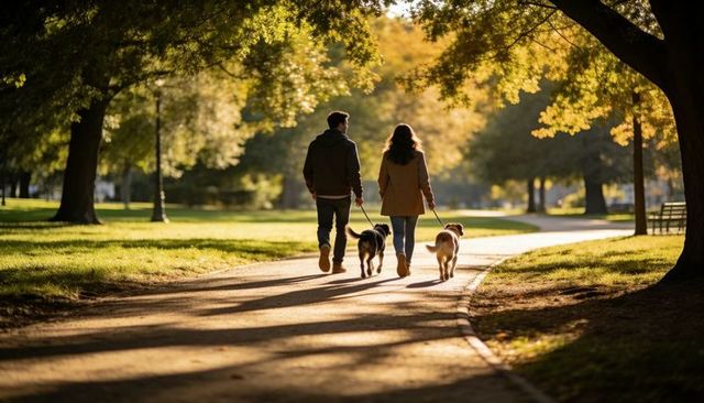 Couple walking dogs on sunlit park path during golden hour, holding leashes, autumn stroll