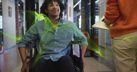 Wheelchair User Interacting with Digital Data Overlay in Modern Office