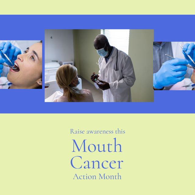 Image of mouth cancer action month over diverse male dentist and female patient. Health, medicine and cancer awareness concept.