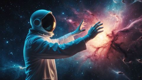 Astrophysicist astronaut enveloped by radiant nebula in deep space exploration