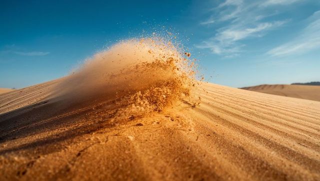 Wind blowing sand from dune crest with airborne sand spray, desert ripples and blue sky