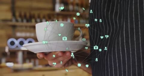 Barista Holding Coffee Cup with Medical Network Icons Overlay