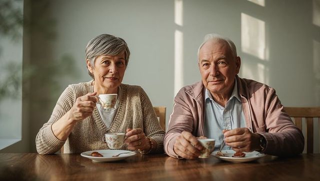 Senior couple sipping tea at wooden table, holding floral cups in warm sunlight