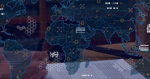 Global legal network concept featuring gavel signing, contract and digital map hud overlay
