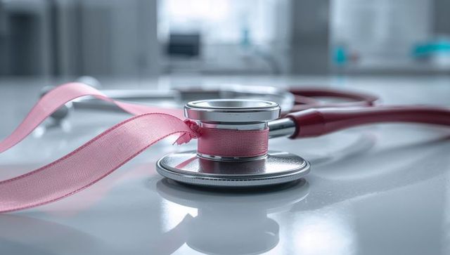Stethoscope with Pink Awareness Ribbon on Medical Counter