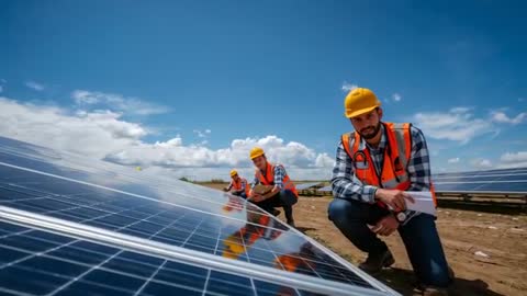 Technician kneeling inspecting solar panel array, checking checklist at solar farm