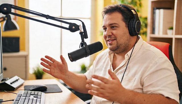Friendly podcaster speaking into boom microphone in bright home studio with headset