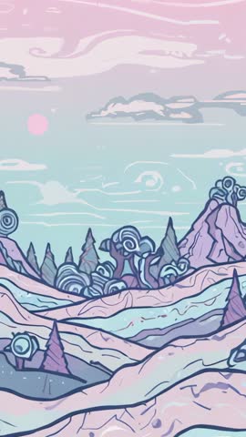 Vertical animated loop pastel fantasy valley with drifting clouds and swirling trees