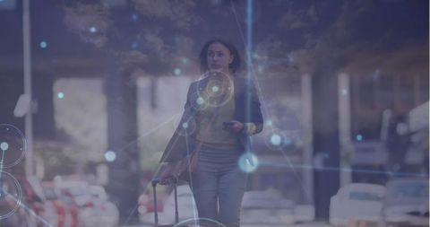 Businesswoman Walking with Digital Networking Overlay