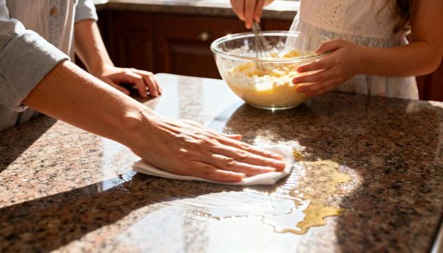 Parent wiping granite counter while child whisking batter in sunlit family kitchen morning