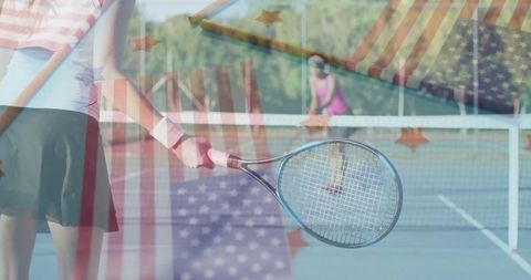 Woman Tennis Player Holding Racket on Court with USA Flag Overlay