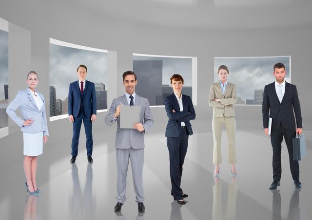 Group of business executives standing in a modern office with large windows showcasing a cityscape view. Ideal for use in corporate presentations, business websites, marketing materials, and articles about teamwork, leadership, and professional environments.