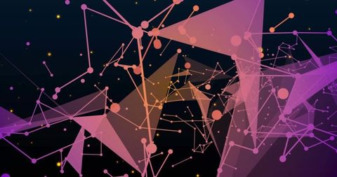 Glowing neon network forming polygonal nodes, connecting lines, gradient particles, digital depth