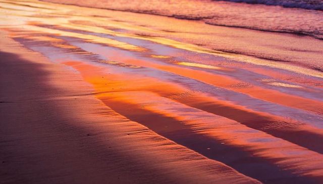 Sunset colors reflecting on wet sand with tidal channels and sea foam