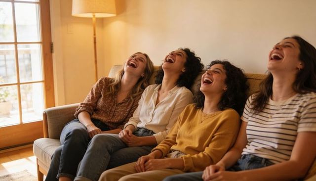 Four women laughing together on sunlit sofa in cozy living room, casual friends gathering